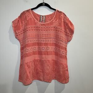 Johnny Was Top Blouse Embroidered Eyelet Orange Short Sleeve Size Medium Boho